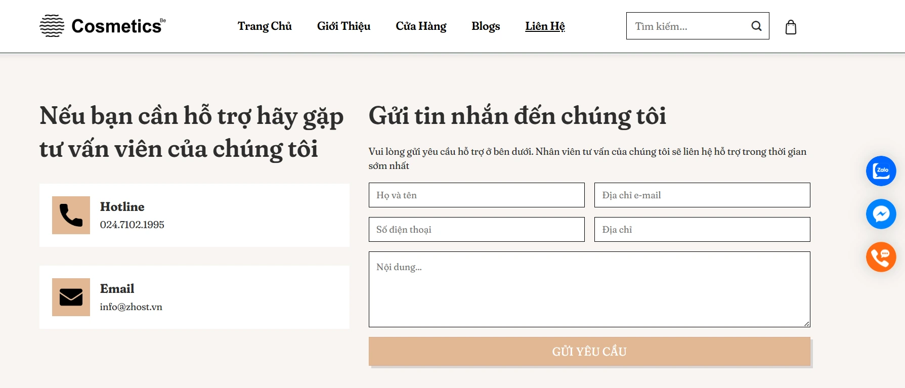 Trang liên hệ với các trường thông tin cơ bản