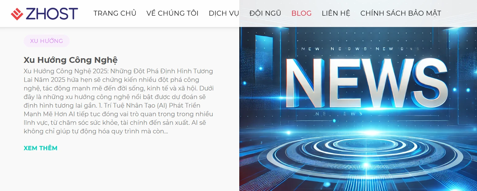 Trang Tin tức được thiết kế với bố cục rõ ràng và hiện đại.